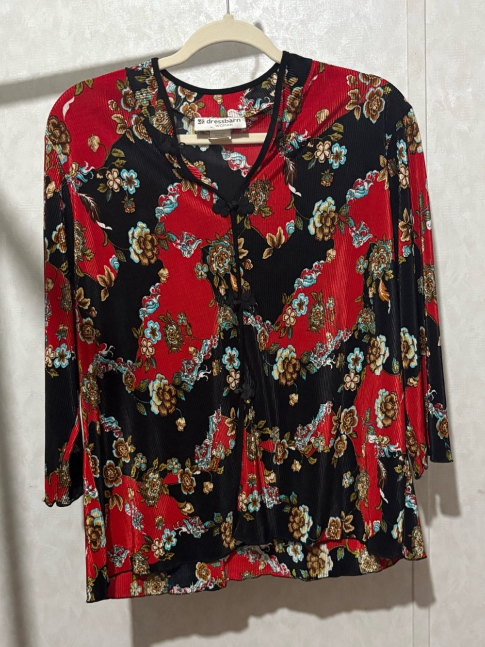 Dressbarn Red and Black Floral Blouse with Cute Rosette details.